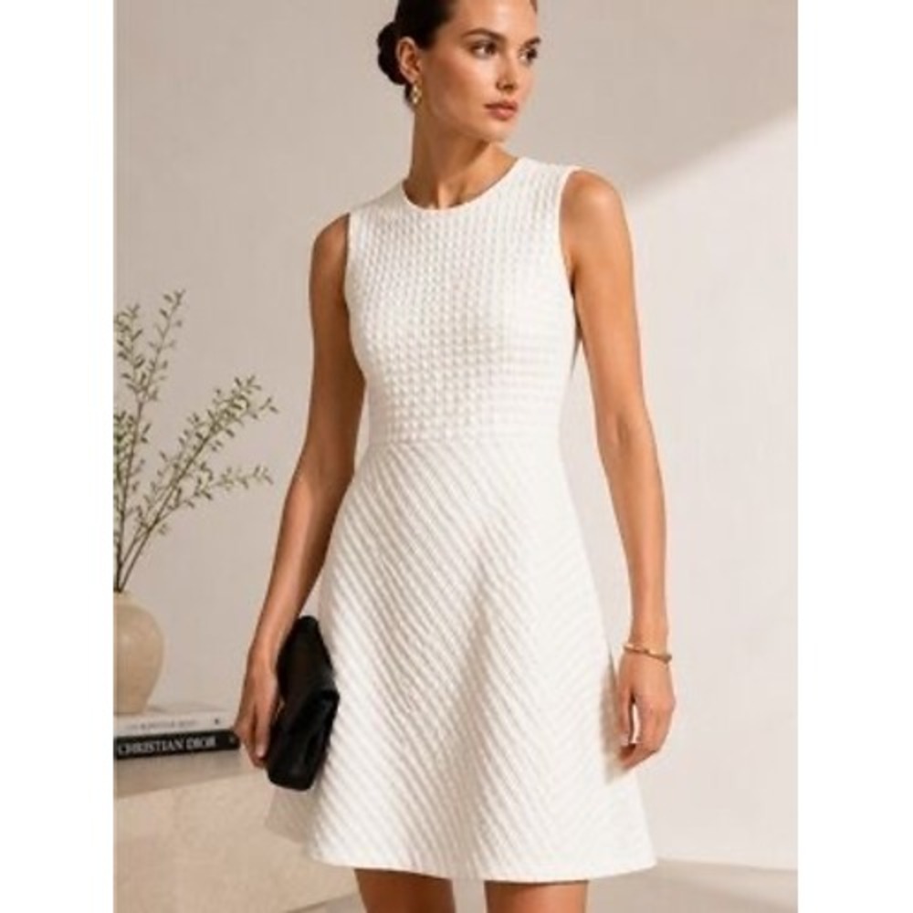 Theory Raneid K White Textured Fit and Flare Sleeveless Dress Size 8 NEW